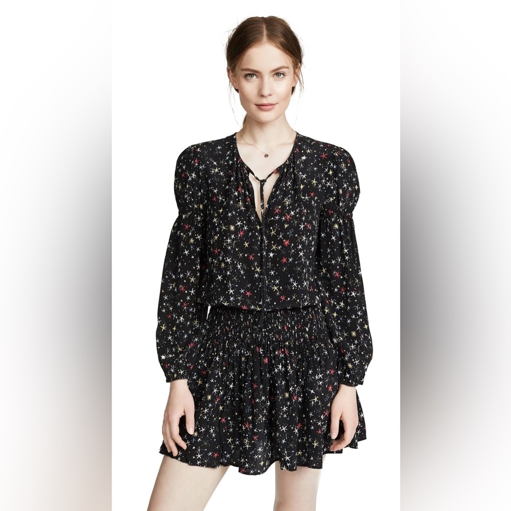 Anine Bing Martha Silk Mini Dress – Black Star Print Size Large